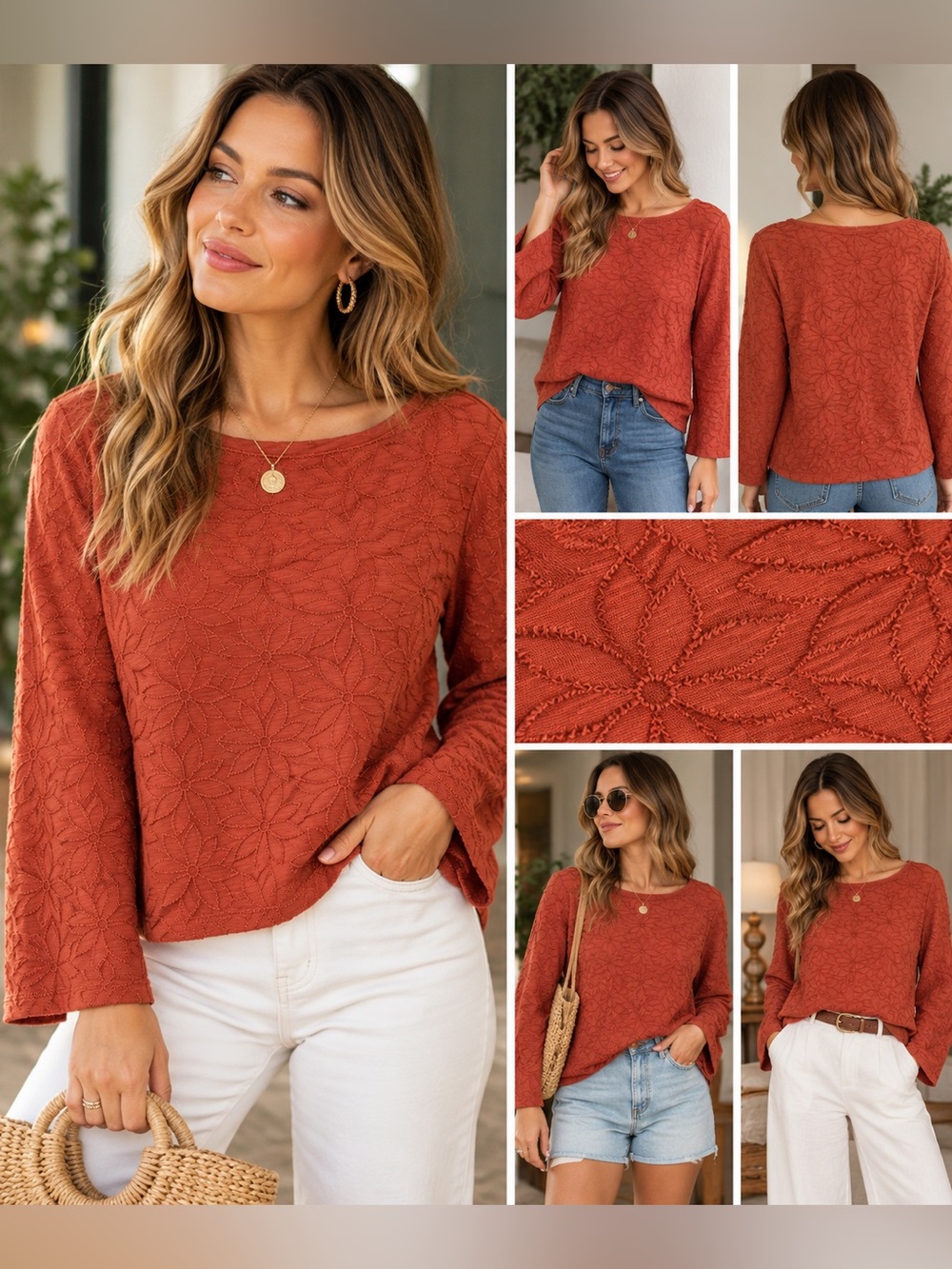 LOFT Burnt Orange Terracotta Floral Embroidered Long Sleeve Top M